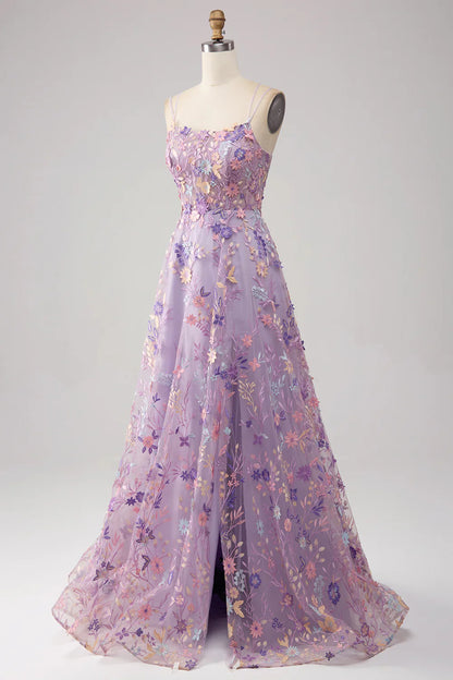 Light Purple A-Line Spaghetti Straps Long Prom Dress with Appliques TP1396