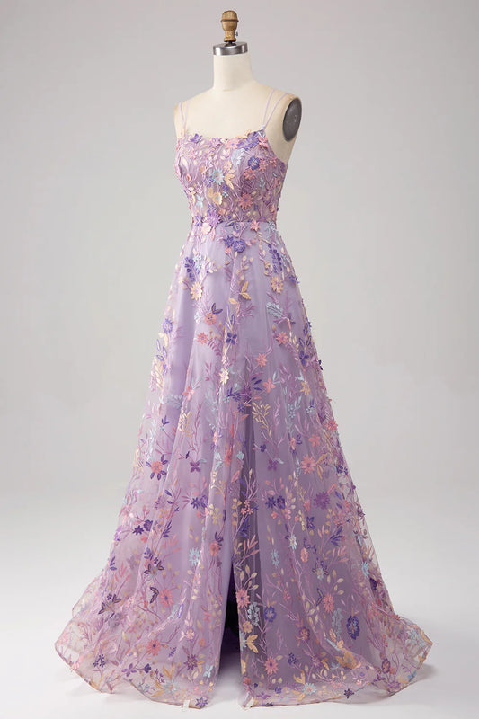 Light Purple A-Line Spaghetti Straps Long Prom Dress with Appliques TP1396