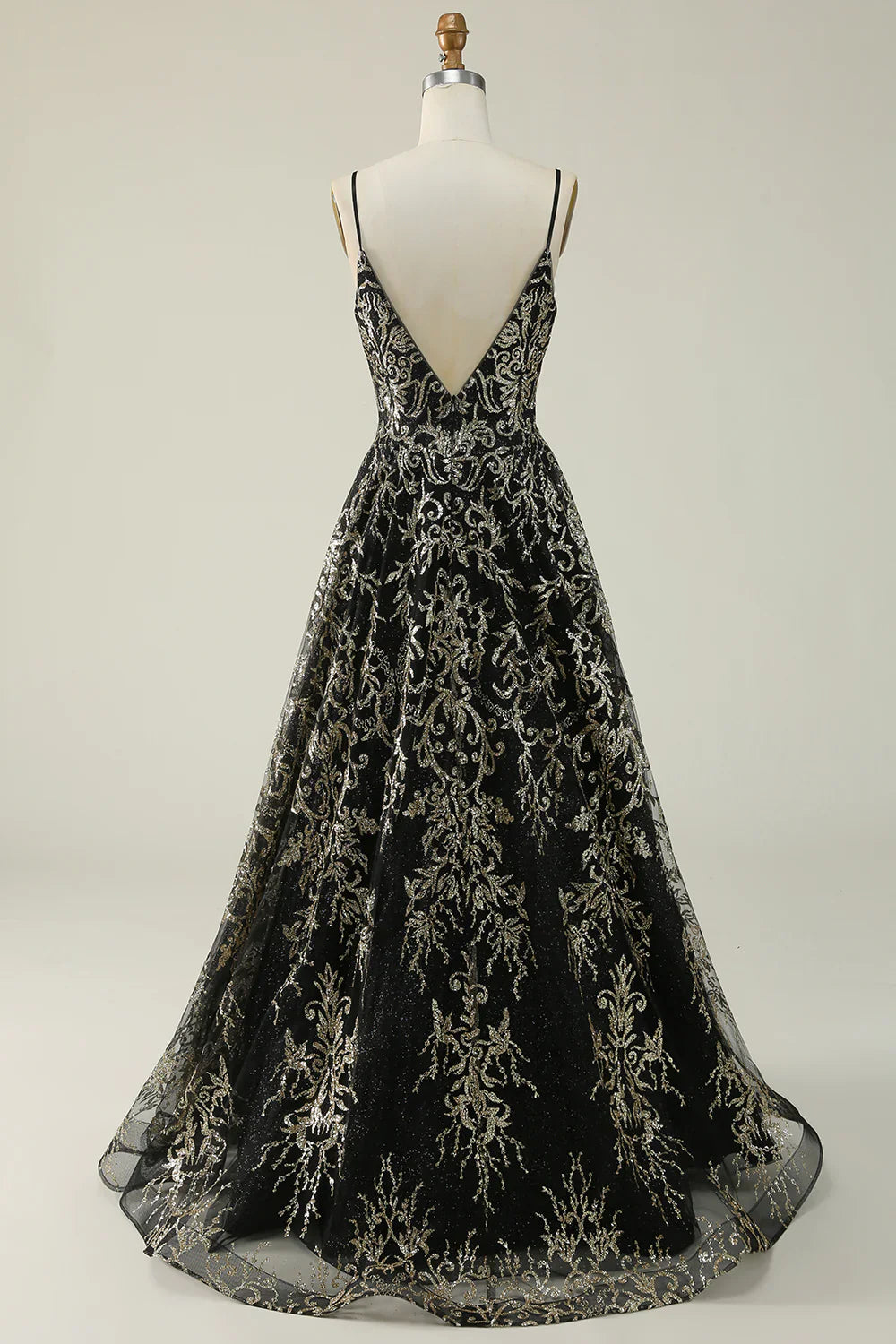 Black Golden Spaghetti Straps Long Prom Dress TP1397