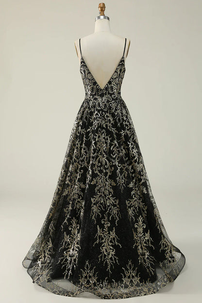 Black Golden Spaghetti Straps Long Prom Dress TP1397