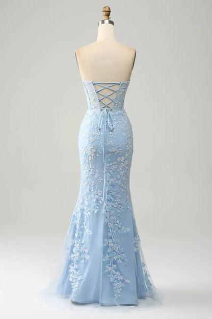 Light Purple Mermaid Sweetheart Corset Appliques Prom Dress With Side Slit TP1398