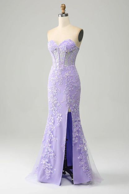 Light Purple Mermaid Sweetheart Corset Appliques Prom Dress With Side Slit TP1398