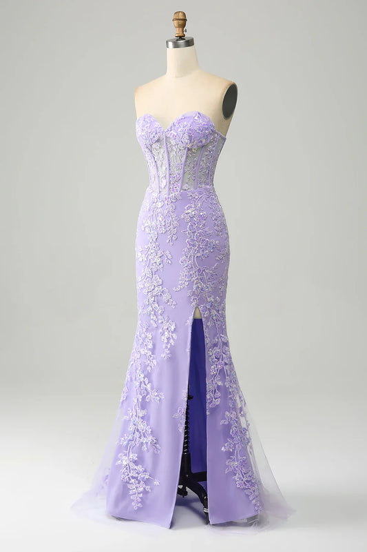 Light Purple Mermaid Sweetheart Corset Appliques Prom Dress With Side Slit TP1398