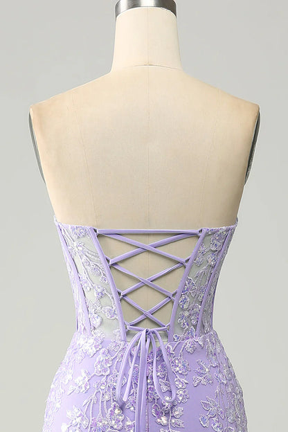 Light Purple Mermaid Sweetheart Corset Appliques Prom Dress With Side Slit TP1398