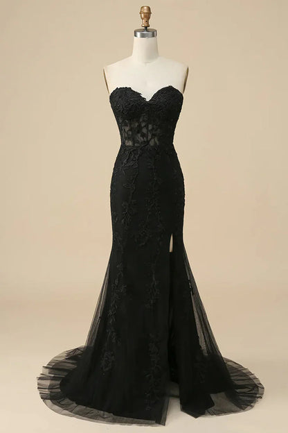 Light Purple Mermaid Sweetheart Corset Appliques Prom Dress With Side Slit TP1398