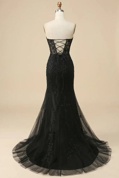 Light Purple Mermaid Sweetheart Corset Appliques Prom Dress With Side Slit TP1398