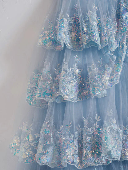 Blue Crystal Sequins Princess A Line Off the Shoulder Prom Dress with Lace Ruffles TP1402