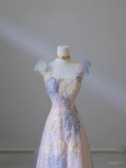 Pink Floral A-Line Strap Tulle Long Evening Dress TP1408