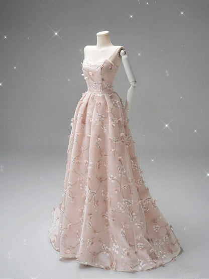 Pink A-Line Heart Neck Strapless Tulle Embroidered Evening Gowns TP1412