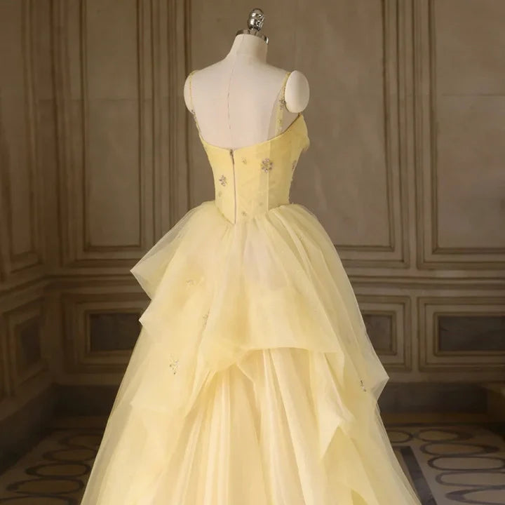 Light Yellow Tulle Long Party Dress, Yellow Tulle Prom Dress TP1415
