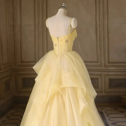 Light Yellow Tulle Long Party Dress, Yellow Tulle Prom Dress TP1415