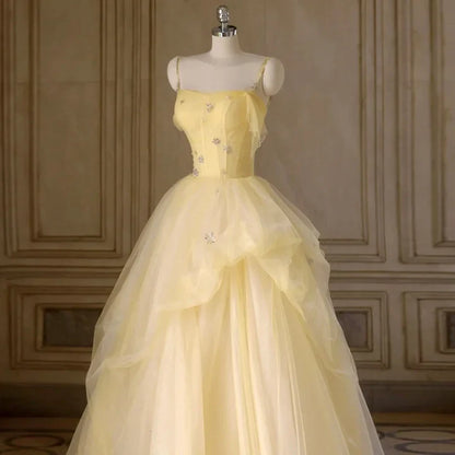 Light Yellow Tulle Long Party Dress, Yellow Tulle Prom Dress TP1415