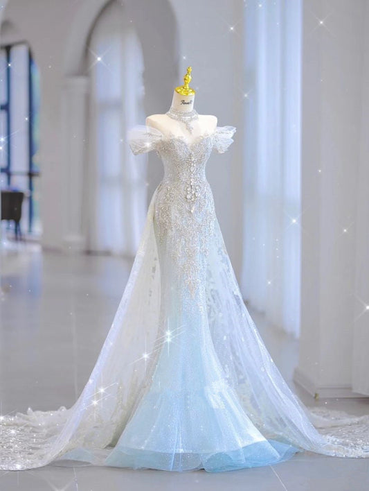 White Strapless Heart Shaped Neckline Beaded Tulle  Mermaid Floor Length Wedding Dresses TP1420