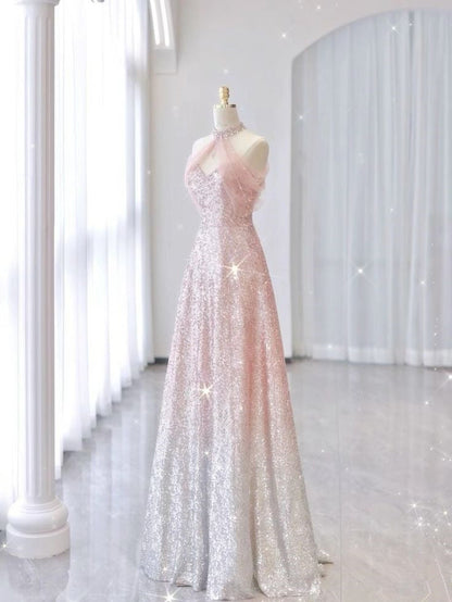 Pink Gradient Neck Hanging Sleeveless Full Shiny Beaded A-Line Long Evening Dress TP1421