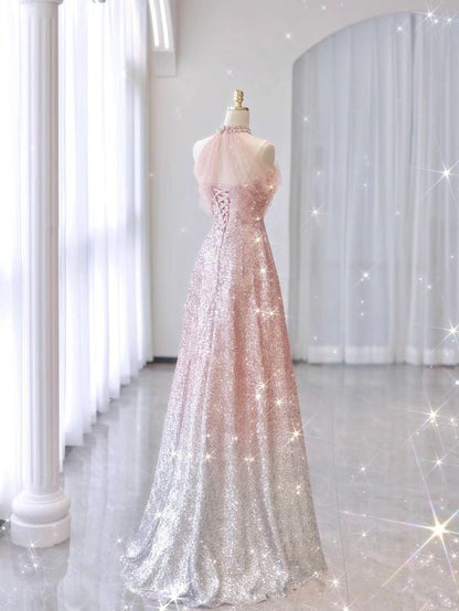 Pink Gradient Neck Hanging Sleeveless Full Shiny Beaded A-Line Long Evening Dress TP1421