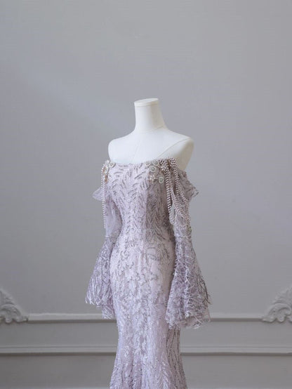 Purple Strapless Long Sleeve Mermaid Floor Length Dress TP1436