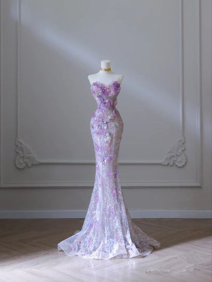 Purple Mermaid Strapless Heart Neck Printed Lace Long Evening Dresses TP1442