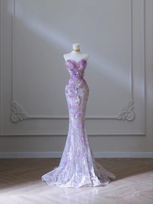 Purple Mermaid Strapless Heart Neck Printed Lace Long Evening Dresses TP1442