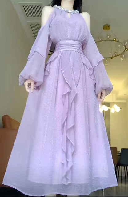 Purple Strapless Long Sleeve Hanging Neck A-Line Chiffon Long Evening Dresses TP1444