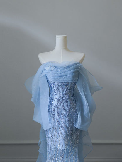 Blue A-line Strapless Beaded Tulle Elegant Long Evening Gowns TP1447