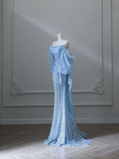 Blue A-line Strapless Beaded Tulle Elegant Long Evening Gowns TP1447