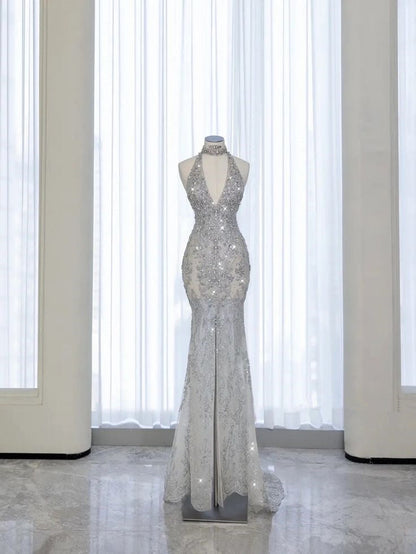 Vintage Silver Sequined Halter Neck Mermaid Sparkling Beaded Evening Gown Formal Prom Dress TP1452