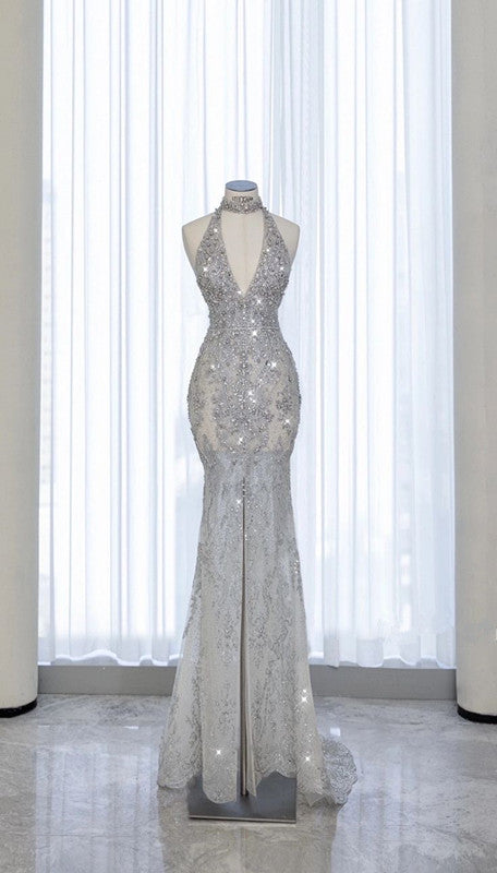 Vintage Silver Sequined Halter Neck Mermaid Sparkling Beaded Evening Gown Formal Prom Dress TP1452