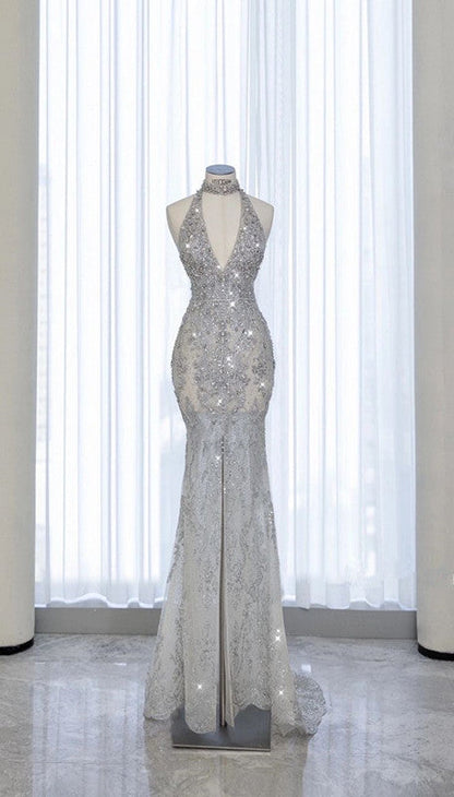 Vintage Silver Sequined Halter Neck Mermaid Sparkling Beaded Evening Gown Formal Prom Dress TP1452