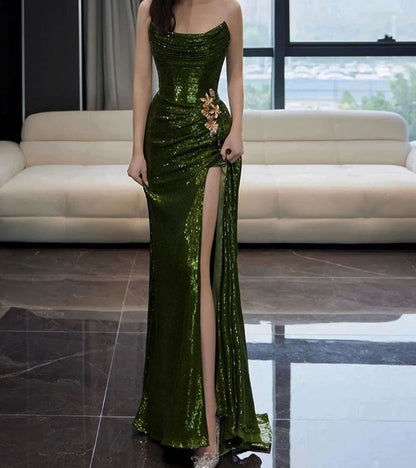 Tube Green A-Line Split Long Evening Gowns  TP1461
