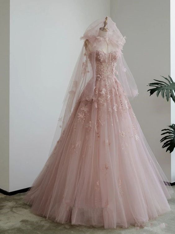 Pink A-Line Spaghetti Strap Tulle Long Evening Dresses  TP1462