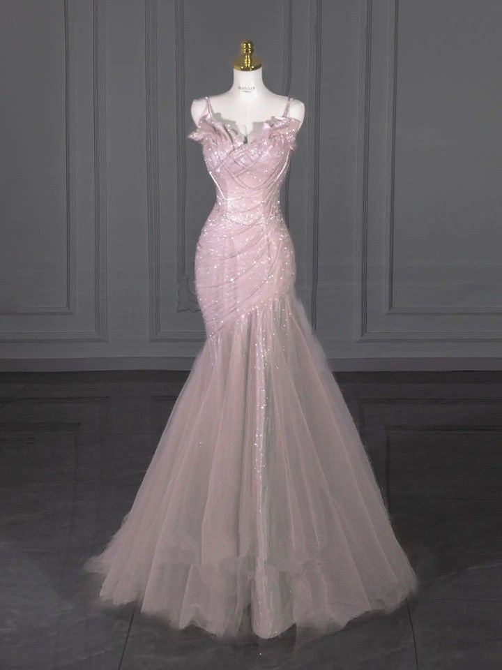 Pink Mermaid Spaghetti Strap Heart Neck Glitter Tulle Long Evening Dresses  TP1466