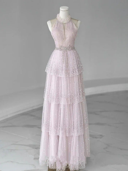Pink A-Line Hanging Neck Sleeveless Tiered Long Evening Dresses  TP1467