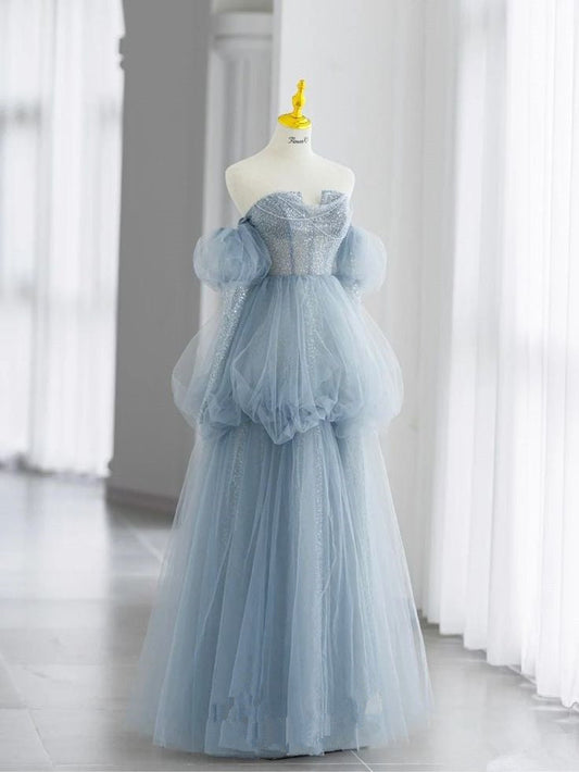 Blue A-line Strapless Long Sleeve Tulle Long Evening Dresses  TP1474