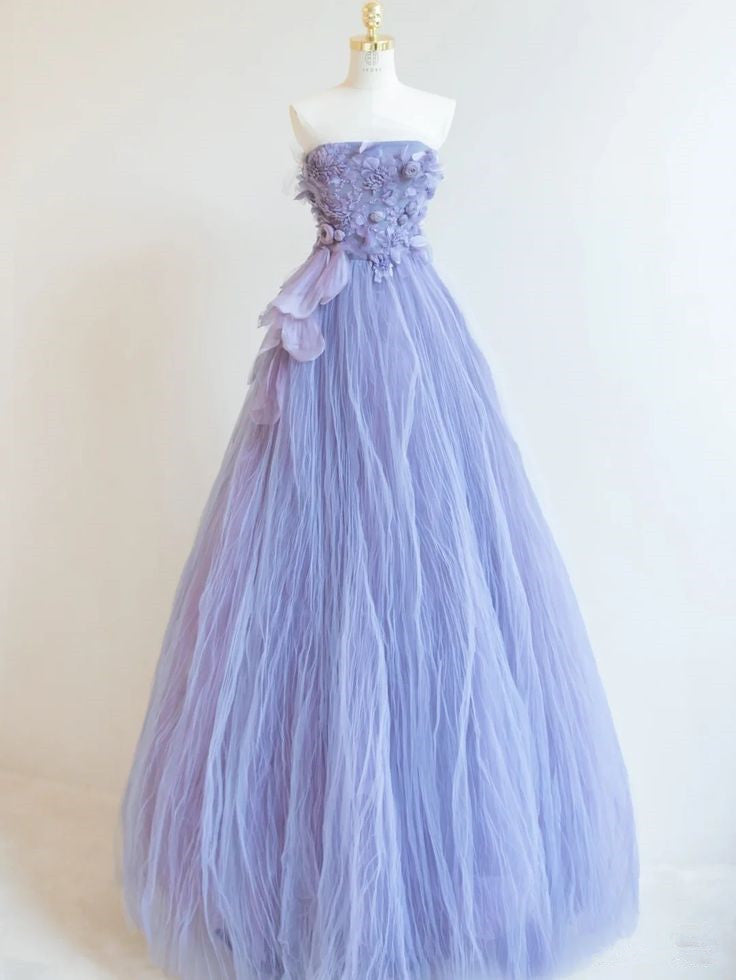 Charming Purple A-Line Strapless Sleeveless Organza Long Evening Dresses  TP1477