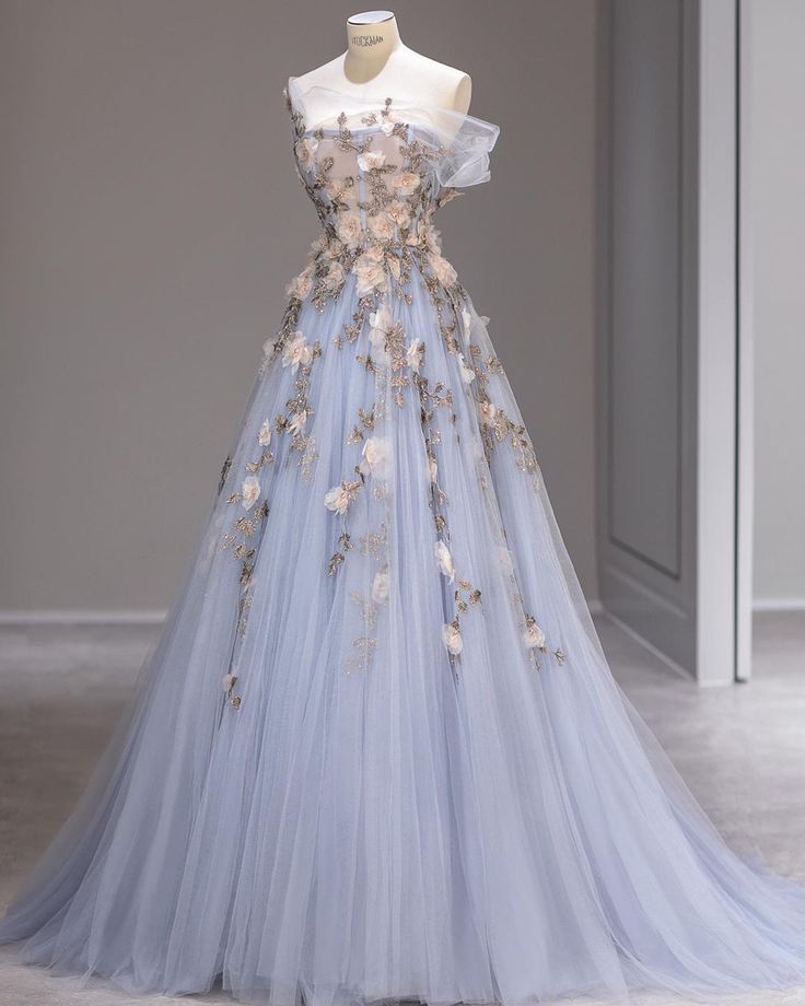Blue A-line Strapless Sleeveless 3D Flower Tulle Long Evening Dresses  TP1481