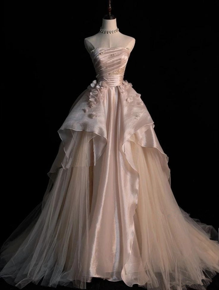 Pink Satin A-Line Strapless Tulle Long Evening Dresses  TP1493