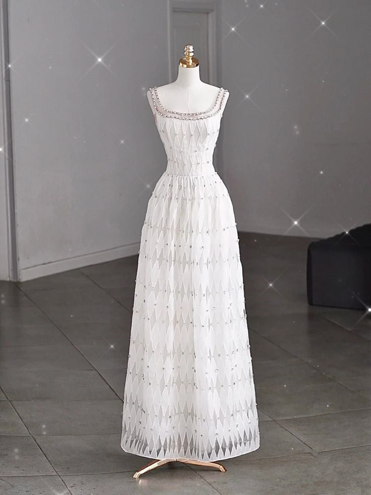 White A-line Spaghetti Straps Sleeveless Tulle Long Simple Evening Dresses TP1507