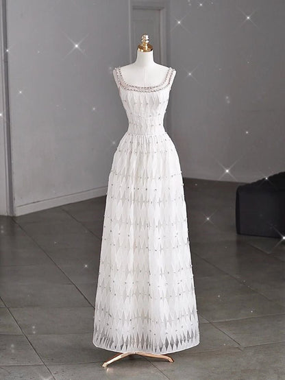 White A-line Spaghetti Straps Sleeveless Tulle Long Simple Evening Dresses TP1507