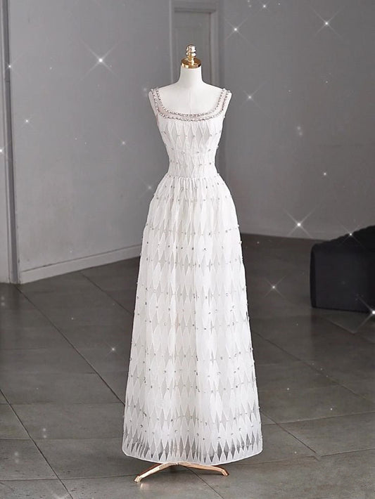White A-line Spaghetti Straps Sleeveless Tulle Long Simple Evening Dresses TP1507