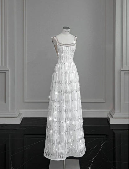 White A-line Spaghetti Straps Sleeveless Tulle Long Simple Evening Dresses TP1507