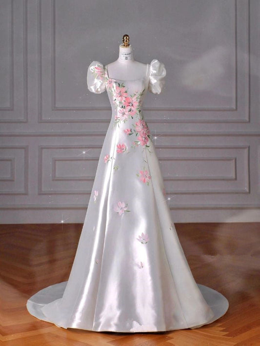 Elegant A-Line Floral Square-neck Short Sleeve Satin Floor-length Prom Dress Evening Dresses TP1516