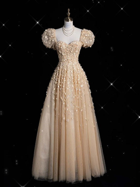 Yellow A-line Heart Shaped Neck Short Sleeve Tulle Long Evening Dress TP1518