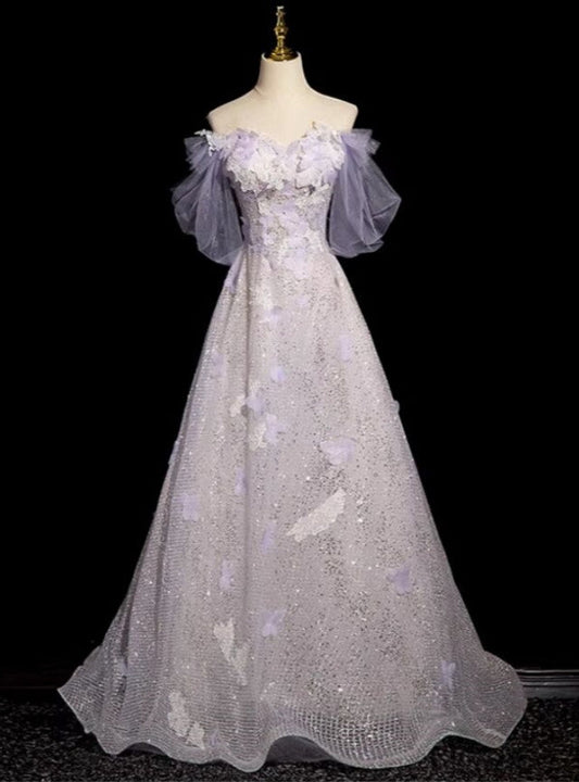Purple Sequins Off the Shoulder Flower Prom Dress TP1519
