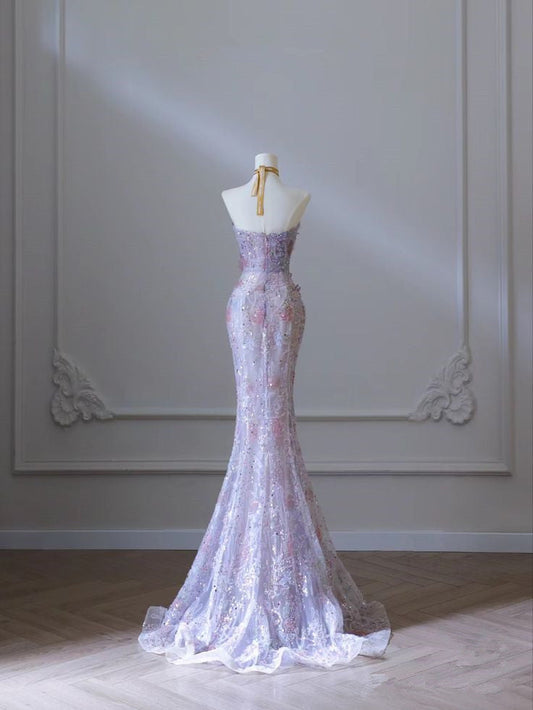 Purple Mermaid Strapless Heart Neck 3D Flower Long Evening Dresses TP1522