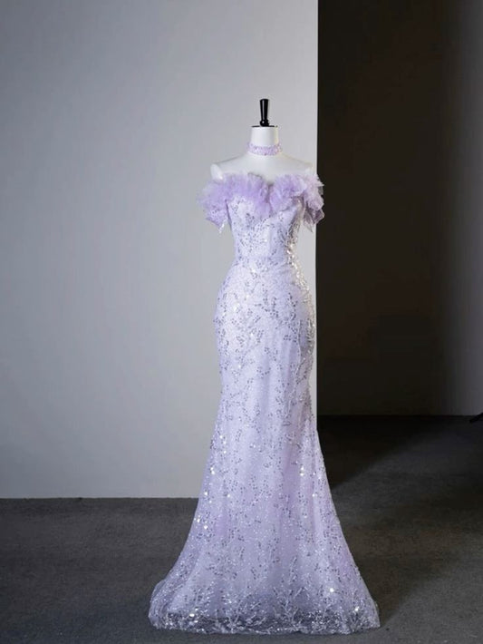 Purple A-Line Strapless Heart Neck Feather Sequin Long Evening Dresses TP1524