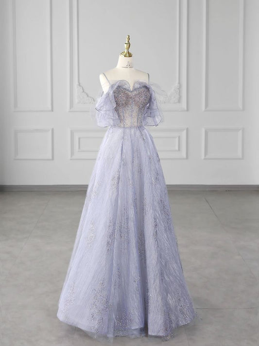Light Purple A-line Strapless Spaghetti Strap Tulle Long Evening Dresses TP1527