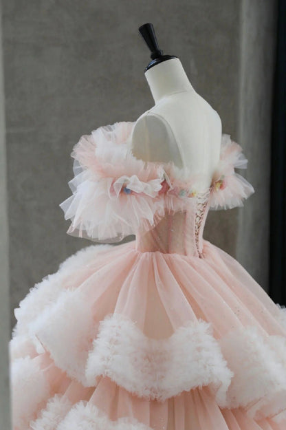 Ball Gown Off Shoulder Pink Tulle Long Prom Dress, Sweet 16 Dress TP1528