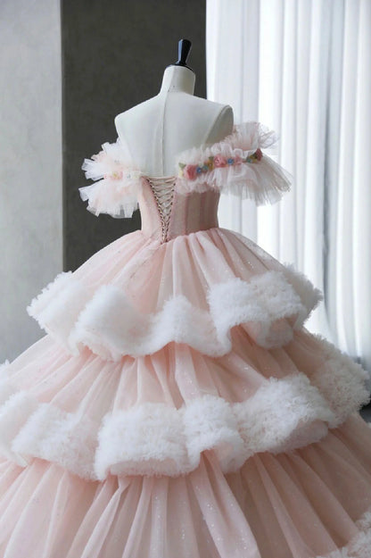 Ball Gown Off Shoulder Pink Tulle Long Prom Dress, Sweet 16 Dress TP1528
