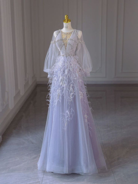 Light Purple A-Line Round Neck Long Sleeve Sequined Tulle Long Prom Dresses TP1563