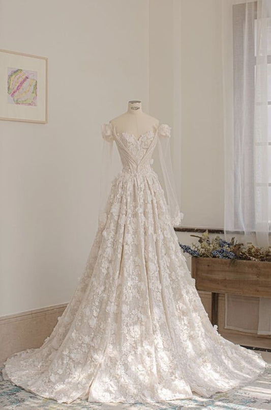 White Heart Shaped Neck Strapless Long Sleeve Floor Length Wedding Dresses TP1564